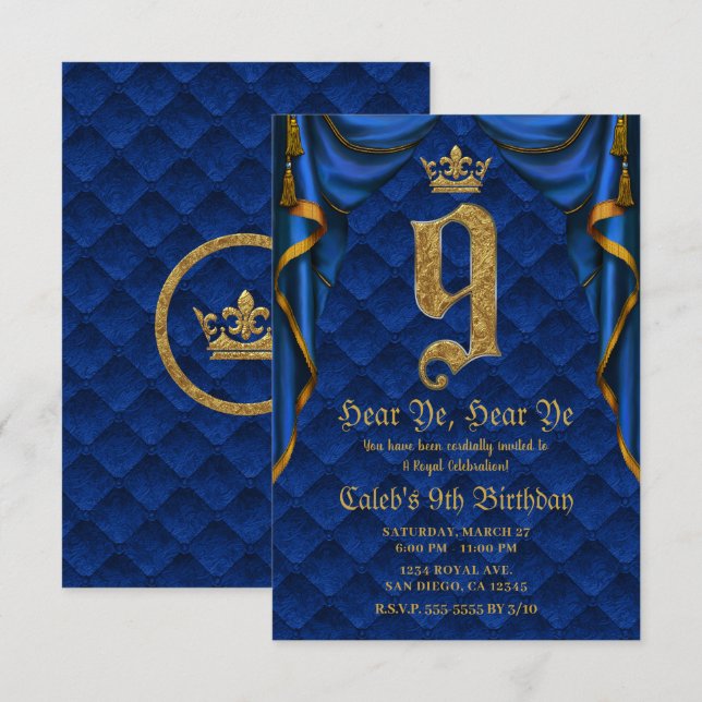 Invitation 9E 9 fête d'anniversaire Royal Blue Gold Crown (Devant / Derrière)