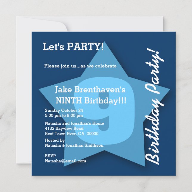 Invitation 9e anniversaire ENFANTS Neuf ans Big Blue Star K09 (Devant)