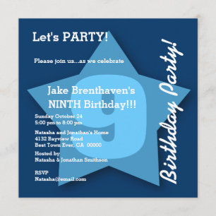 Invitation 9e anniversaire ENFANTS Neuf ans Big Blue Star K09