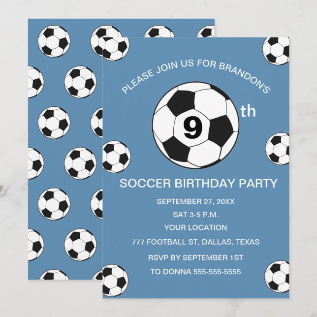 Invitation 9e Anniversaire Fête Football Blue Boys Sports (Devant / Derrière)