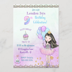 Invitation 9e anniversaire fille princesse Cupcake Ballons