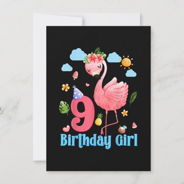 Invitation 9e anniversaire Filles Flamant rose 9 ans Tropical (Devant)
