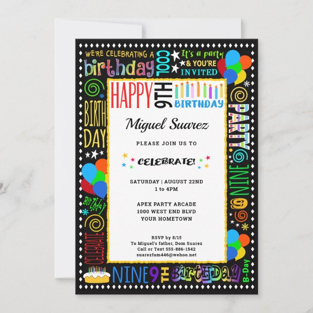 Invitation 9e anniversaire Fun Couleur Crazy Texte sur Black  (Devant)