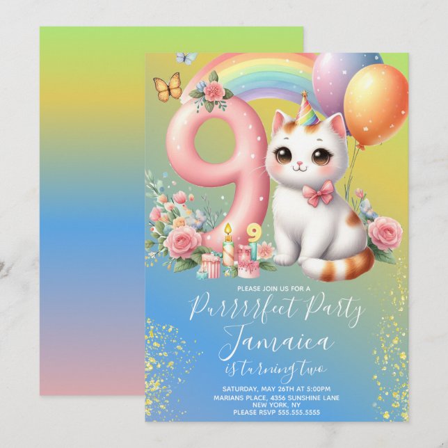 Invitation 9e anniversaire Kitten Rainbow Party (Devant / Derrière)