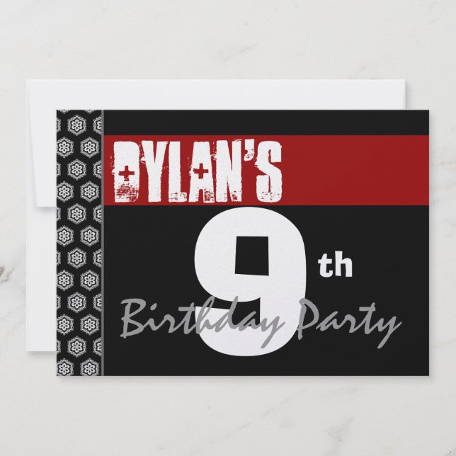 Invitation 9e anniversaire Moderne pour lui Rouge Blanc Noir  (Devant)