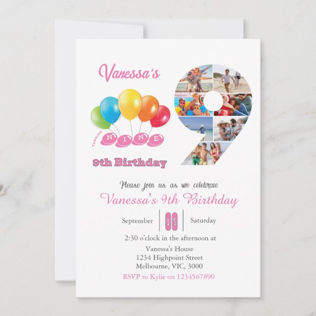 Invitation 9e anniversaire photo collage numéro 9 Fille (Devant)