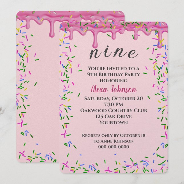 Invitation 9e Anniversaire Pink Icing Et Sprinkings (Devant / Derrière)