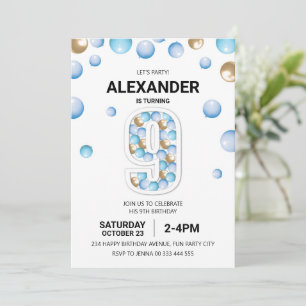 Invitation 9e fête d'anniversaire, Blue and Gold Balloon Boy