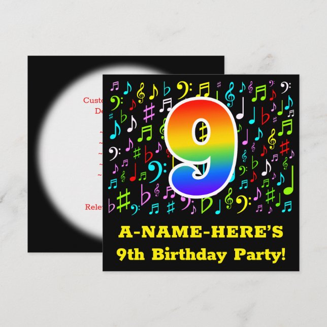 Invitation 9e fête d'anniversaire : Symboles de musique amusa (Devant / Derrière)