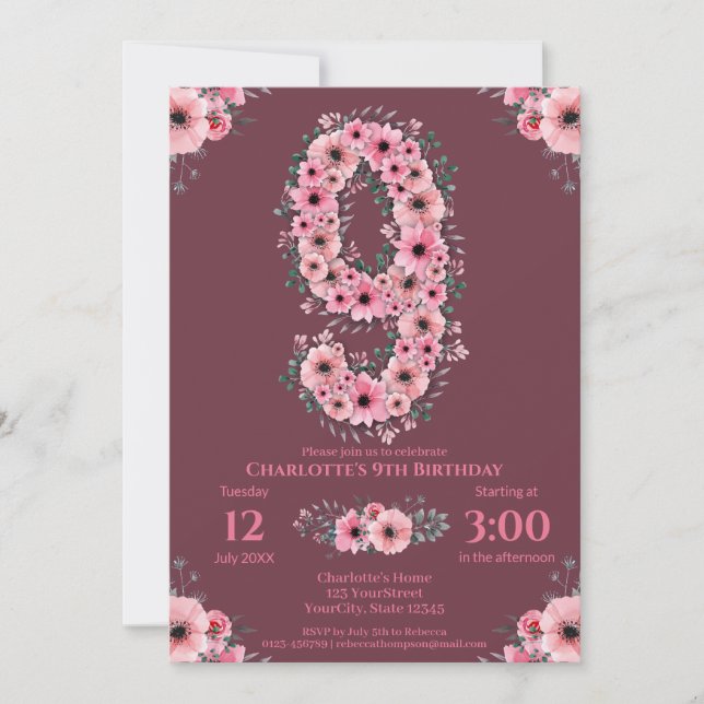 Invitation 9ème Grosse Fille Anniversaire Fleurs roses Lieux  (Devant)