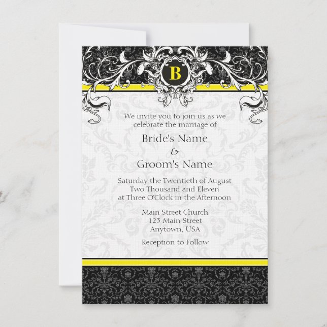 Invitation A6 Jaune et Noir Damas Monogramme Mariage Invite (Devant)