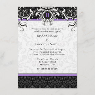 Invitation A6 Mariage de monogrammes pourpres et noirs pour l