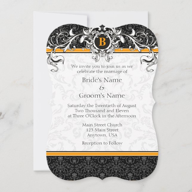 Invitation A7 Orange & Noir Damask Monogramme Mariage Invite (Devant)