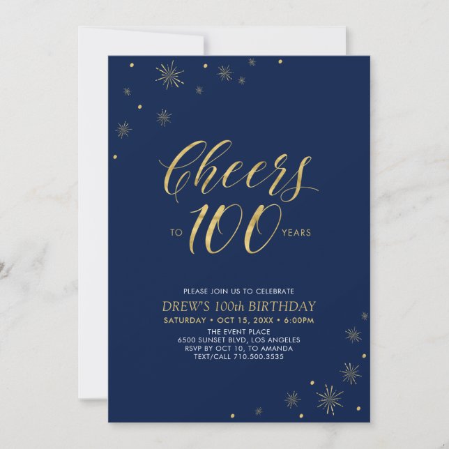 Invitation À 100 | Gold & Navy 100th Birthday Party (Devant)