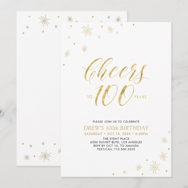 Invitation À 100 | Gold & White 100th Birthday Party (Devant / Derrière)