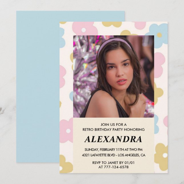 Invitation à 14e anniversaire Fleurs Super rétro m (Devant / Derrière)