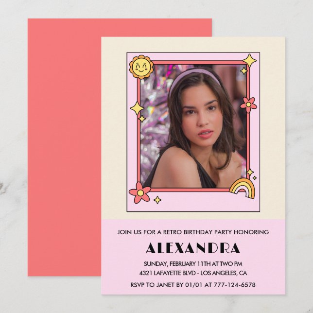 Invitation à 14e anniversaire Retro Super rose flo (Devant / Derrière)