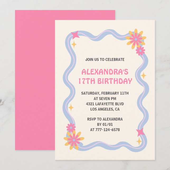 Invitation à 17e anniversaire Retro Super Rose Fle (Devant / Derrière)