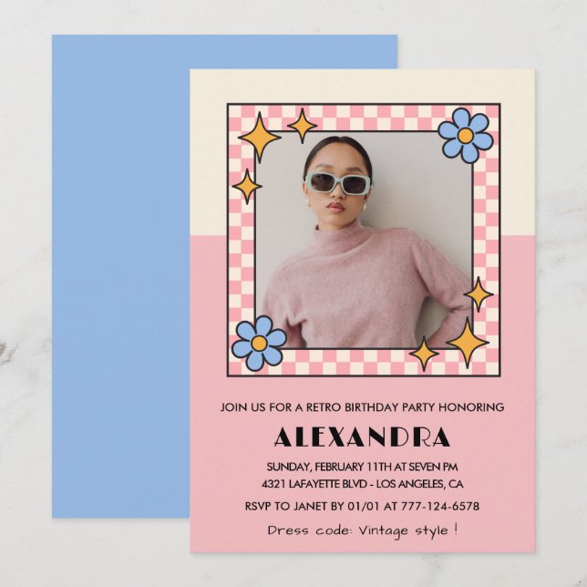 Invitation à 18e anniversaire Retro Super Rose Fle (Devant / Derrière)