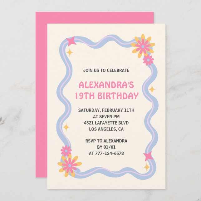 Invitation à 19e anniversaire Retro Super Rose Fle (Devant / Derrière)