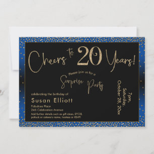 Invitation À 20 Ans de joie Anniversaire Surprise Or et Bleu