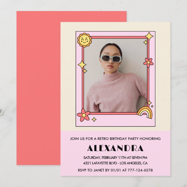 Invitation à 28e anniversaire Retro Photo Pink Flo (Devant / Derrière)