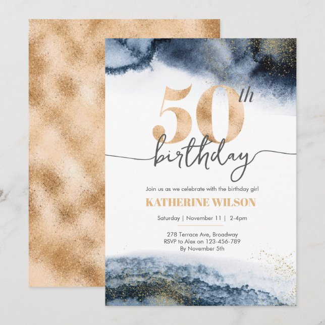 Invitation à 50e anniversaire Couleur d'eau et or  (Devant / Derrière)