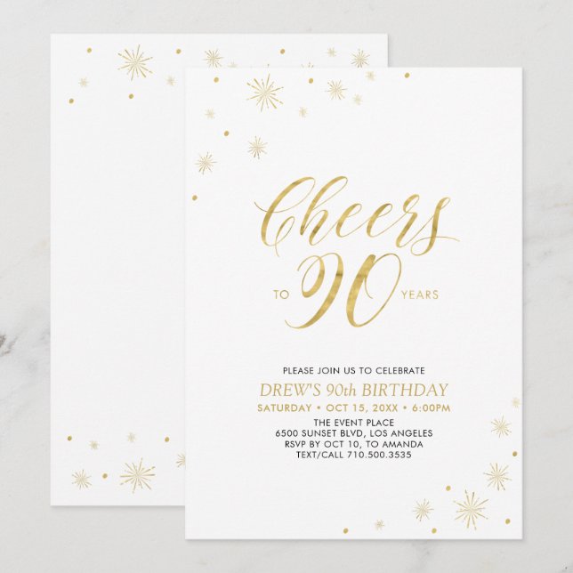 Invitation À 90 | Gold & White 90th Birthday Party (Devant / Derrière)