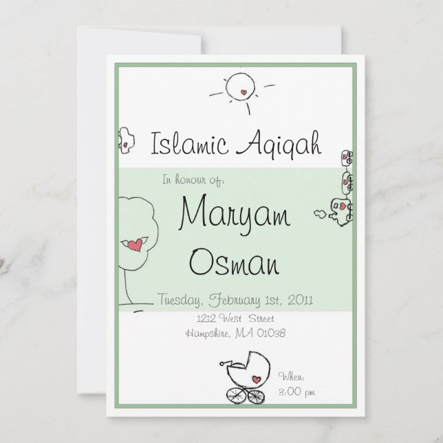 Invitation à Aqiqah verte avec dessin animé mignon (Devant)