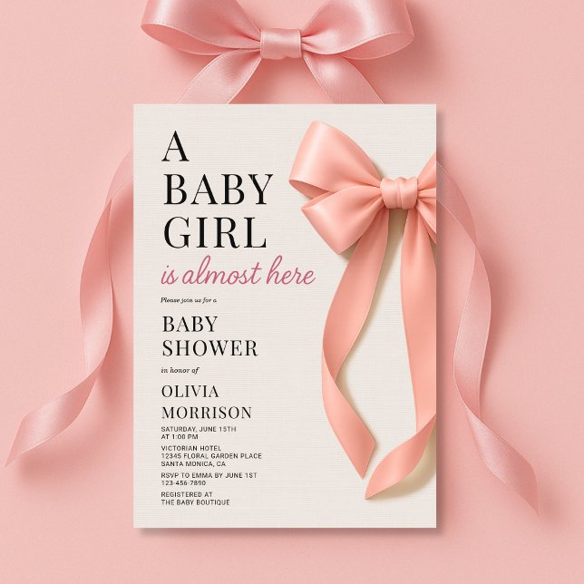 Invitation A Baby Girl is Almost Here Pink Bow Baby Shower (Créateur téléchargé)