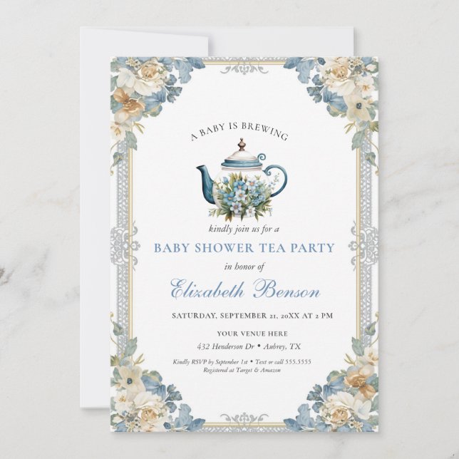 Invitation A Baby Is Brewing Blue Floral Shower (Devant)