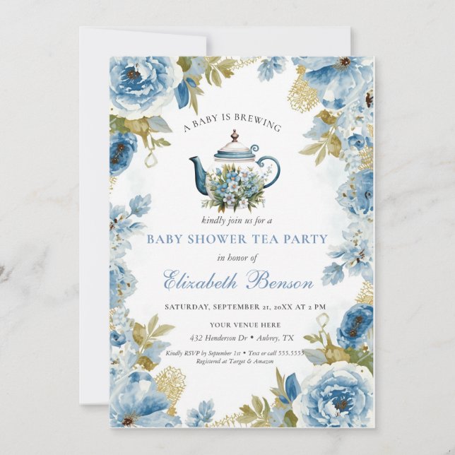 Invitation A Baby Is Brewing Blue Floral Shower (Devant)