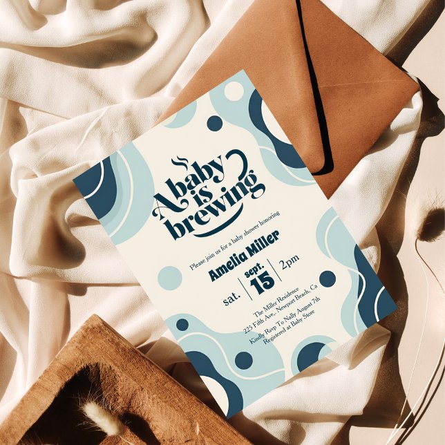 Invitation A Baby is Brewing Retro Blue Coffee Baby Shower (Créateur téléchargé)