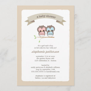 Invitation à Baby shower jumeau pour bébé Owl Girl