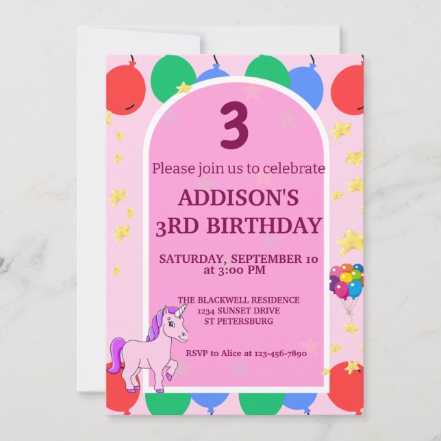 Invitation à ballons unicorne 3e anniversaire (Devant)