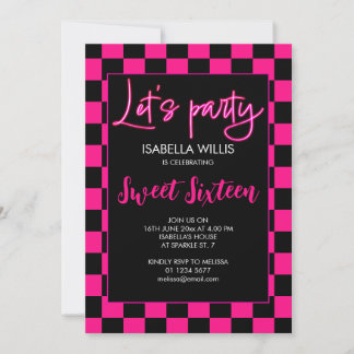 Invitation à damiers chaud rose noir rétro Lets party Sweet 1