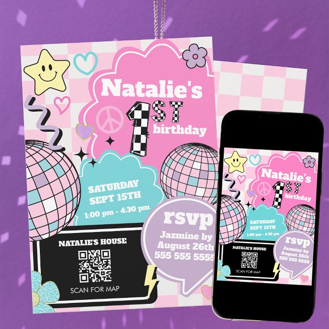 Invitation à damiers Retro Super Disco 1ère fête d'anniversai (Créateur téléchargé)