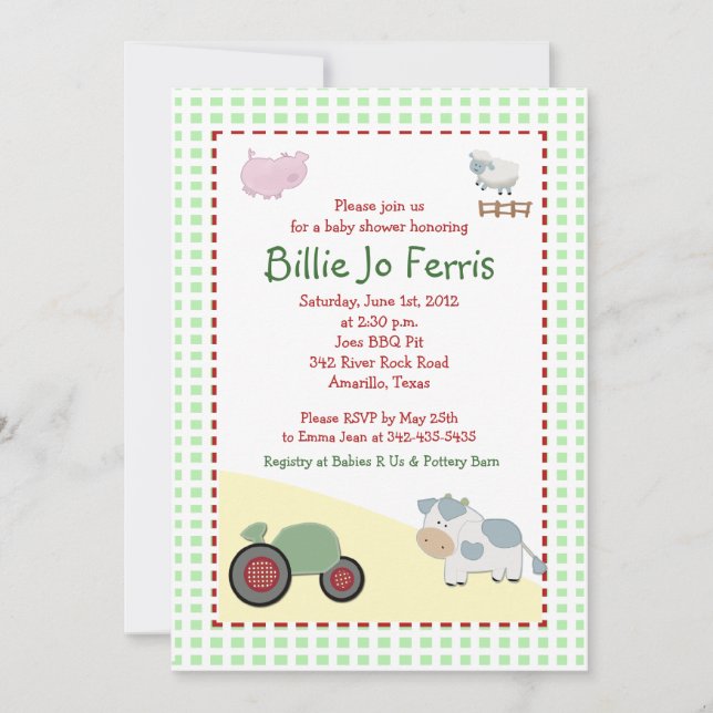 Invitation A Day on the Farm 5x7 Barnyard Baby shower (Devant)