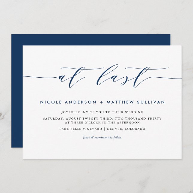 Invitation À Dernier Navy Blue Minimalist Script Mariage (Devant / Derrière)