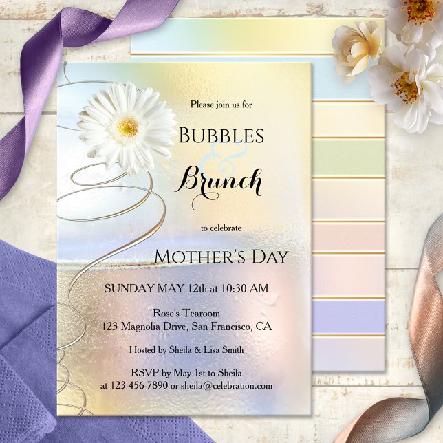 Invitation à des bulles et brunch de célébration d (Elegant Bubbles & Brunch invitation featuring festive swirls and a daisy flower)