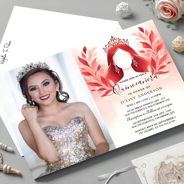 Invitation À Hot rose Crown Tiara Black Lace Red Quinceanera (Créateur téléchargé)