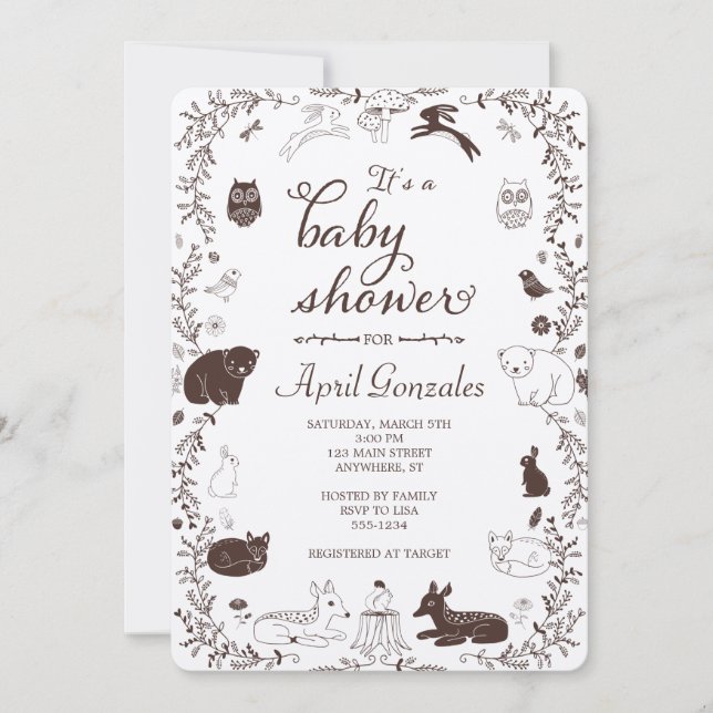Invitation à la Baby Shower Animaux de la Forêt (Devant)
