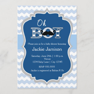 Invitation à la baby shower Chevron Moustache Bleu