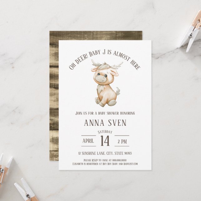 Invitation à la baby shower de Oh Deer Reindeer (Devant/Arrière en situation)
