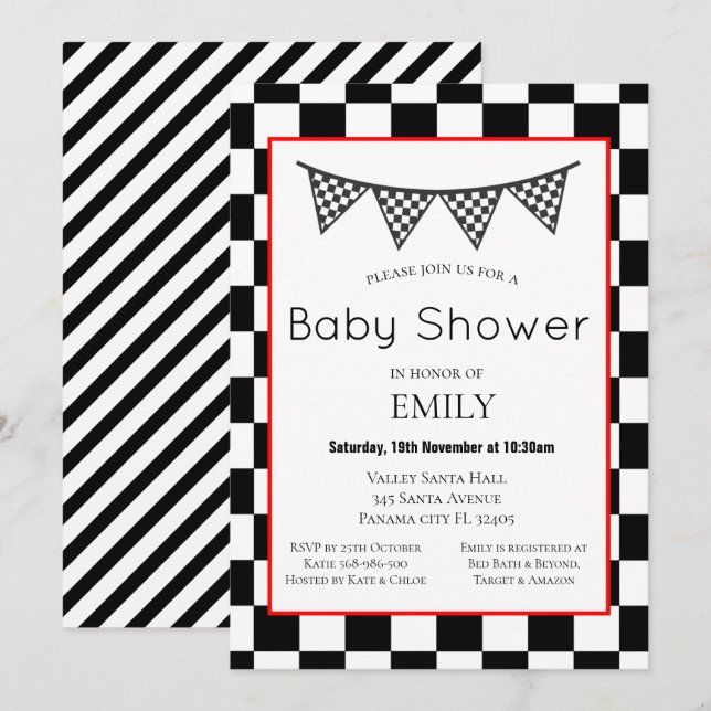 Invitation à la baby shower de voiture de course,  (Devant / Derrière)