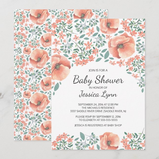 Invitation à la Baby Shower Fleurs de Pêche Jolies (Devant / Derrière)