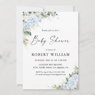 Invitation à la baby shower florale Hydrangea Bleu