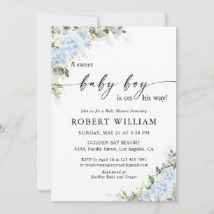 Invitation à la baby shower florale Hydrangea Bleu