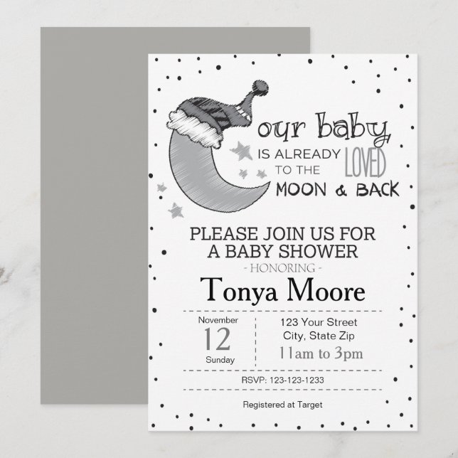 Invitation à la Baby Shower Grise Jusqu'à la Lune  (Devant / Derrière)
