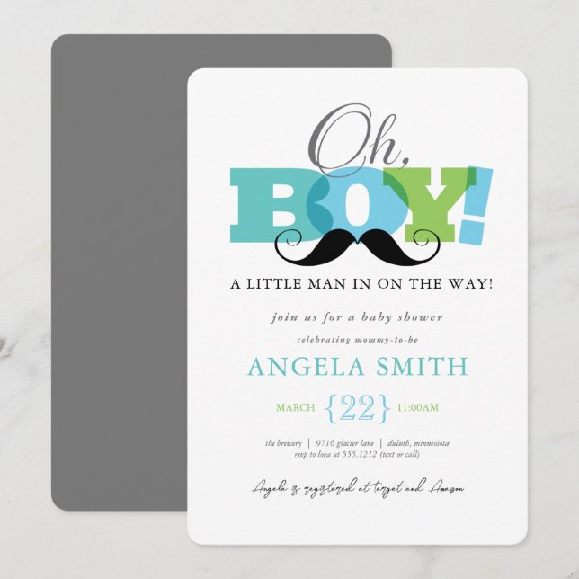 Invitation à la Baby Shower Oh Boy (Devant / Derrière)